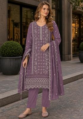 Purple Embroidered Silk Kurta Set