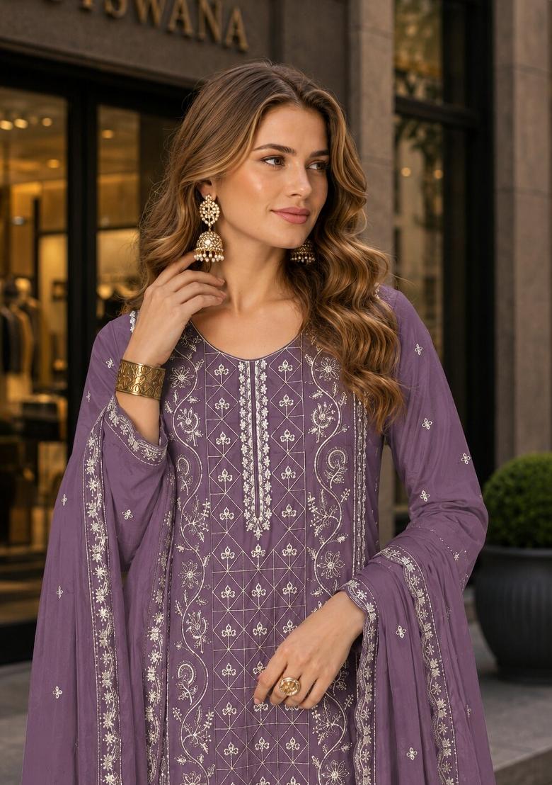 Purple Embroidered Silk Kurta Set - Indya