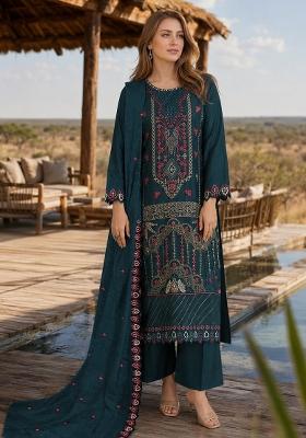 Teal Blue Embroidered Silk Kurta Set