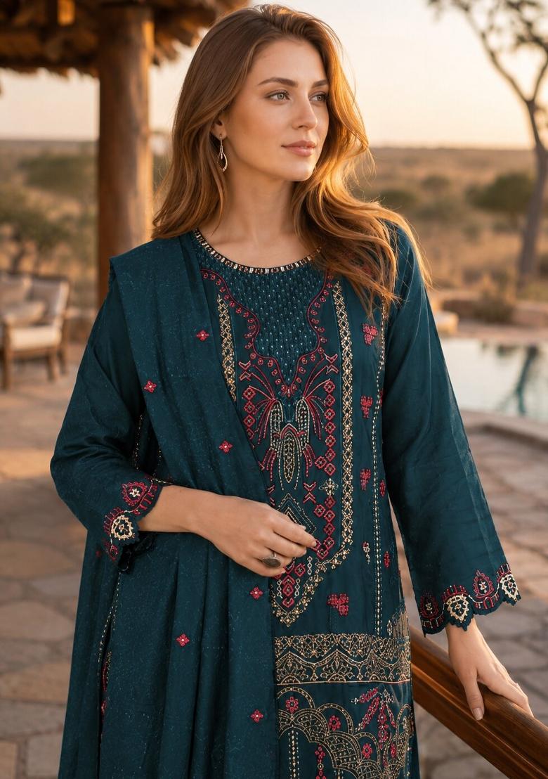 Teal Blue Embroidered Silk Kurta Set - Indya