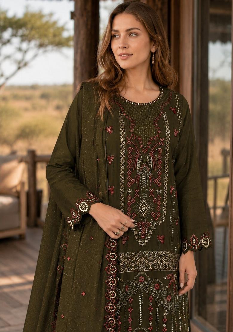 Mehendi Embroidered Silk Kurta Set - Indya