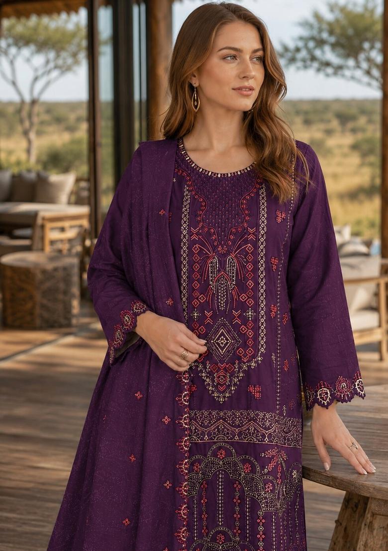 Purple Embroidered Silk Kurta Set - Indya