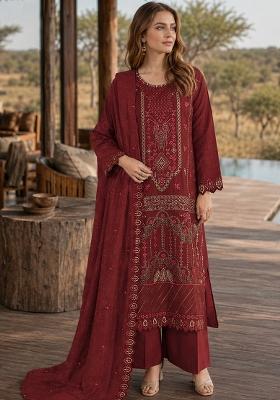 Maroon Embroidered Silk Kurta Set