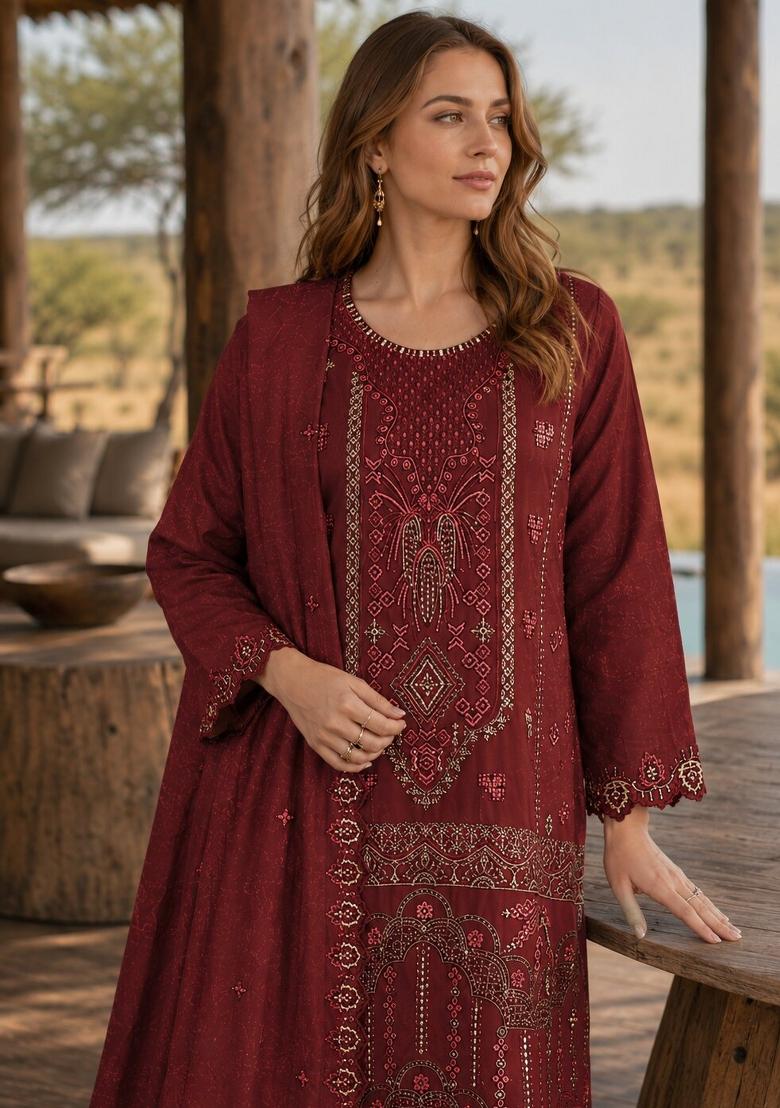 Maroon Embroidered Silk Kurta Set - Indya