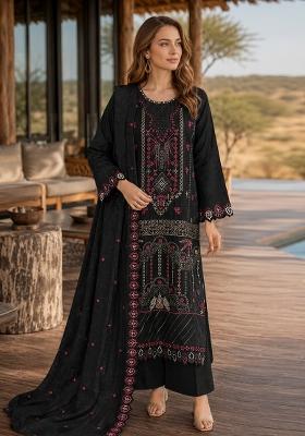 Black Embroidered Silk Kurta Set