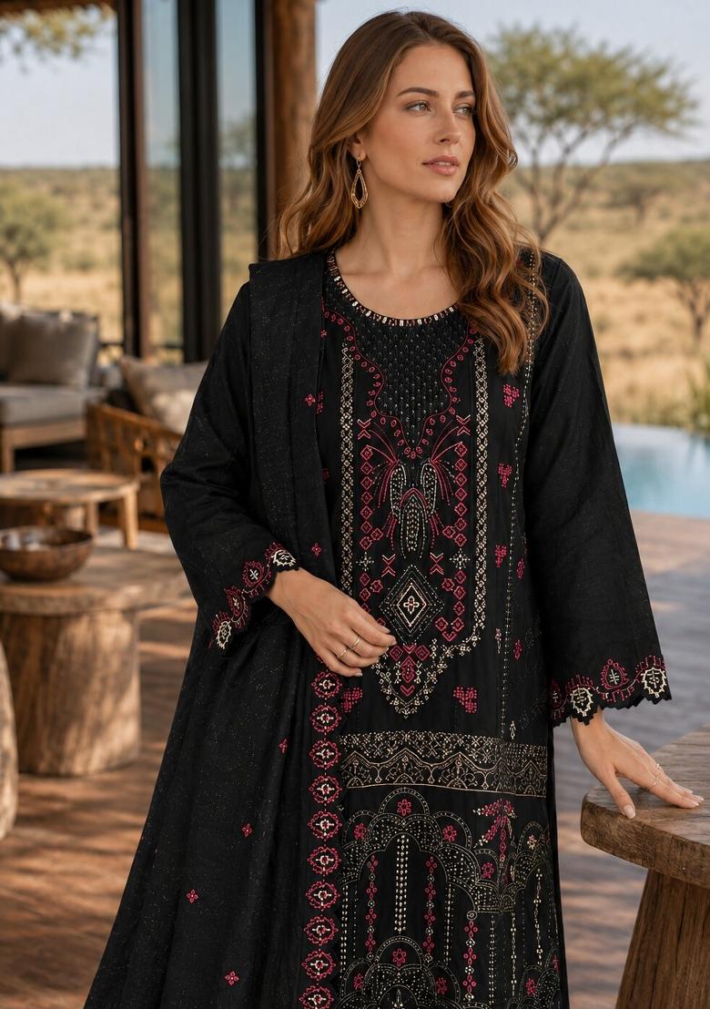 Black Embroidered Silk Kurta Set - Indya