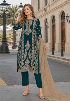 Teal Blue Embroidered Silk Kurta Set