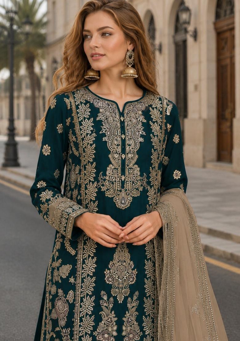 Teal Blue Embroidered Silk Kurta Set - Indya