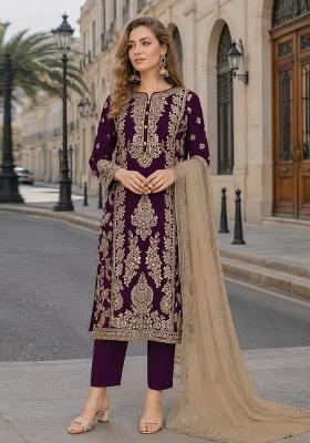 Purple Embroidered Silk Kurta Set