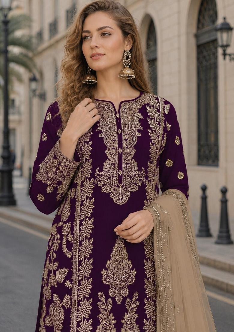 Purple Embroidered Silk Kurta Set - Indya