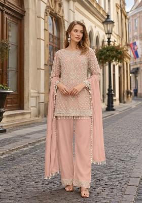 Peach Embroidered Georgette Kurta Set