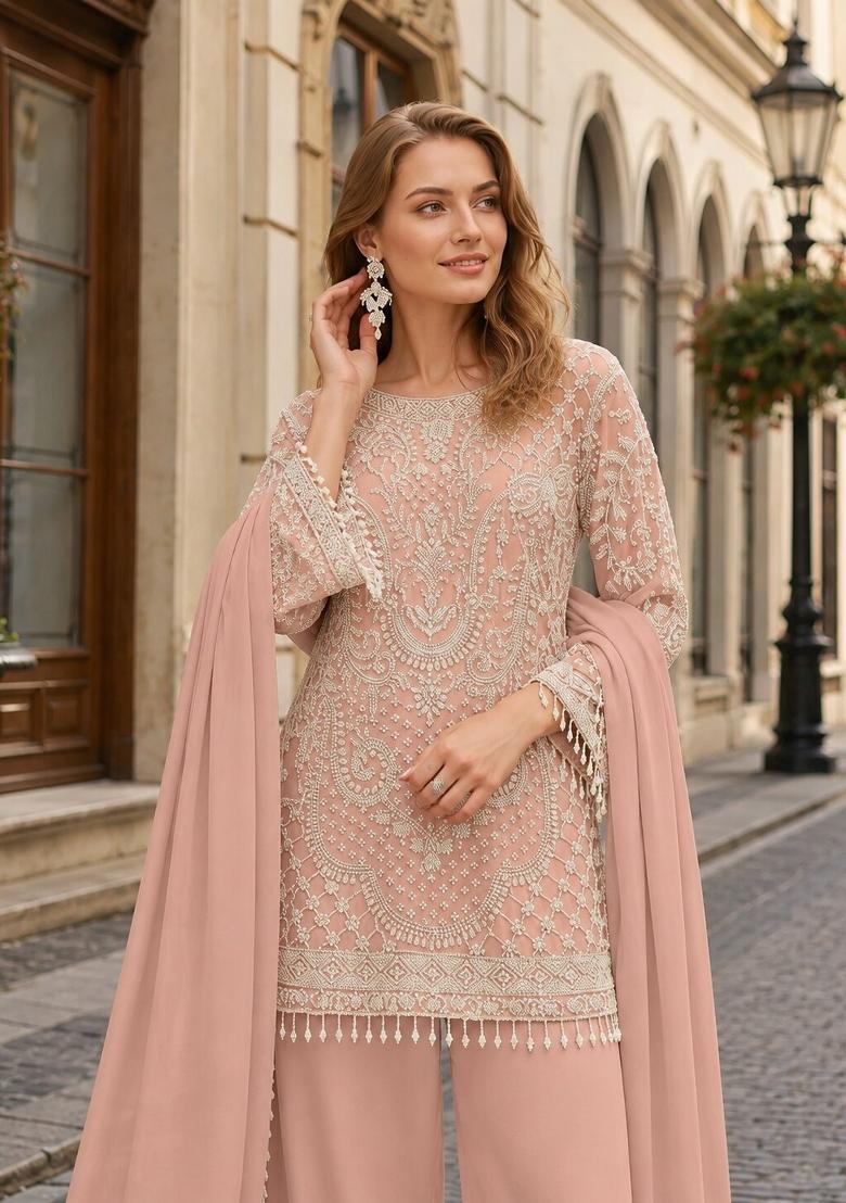 Peach Embroidered Georgette Kurta Set - Indya