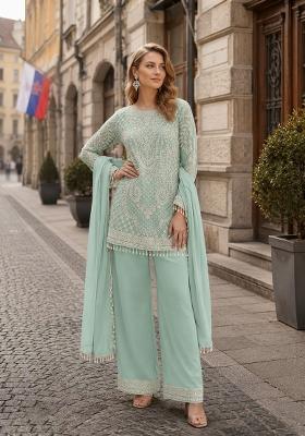 Sky Blue Embroidered Georgette Kurta Set