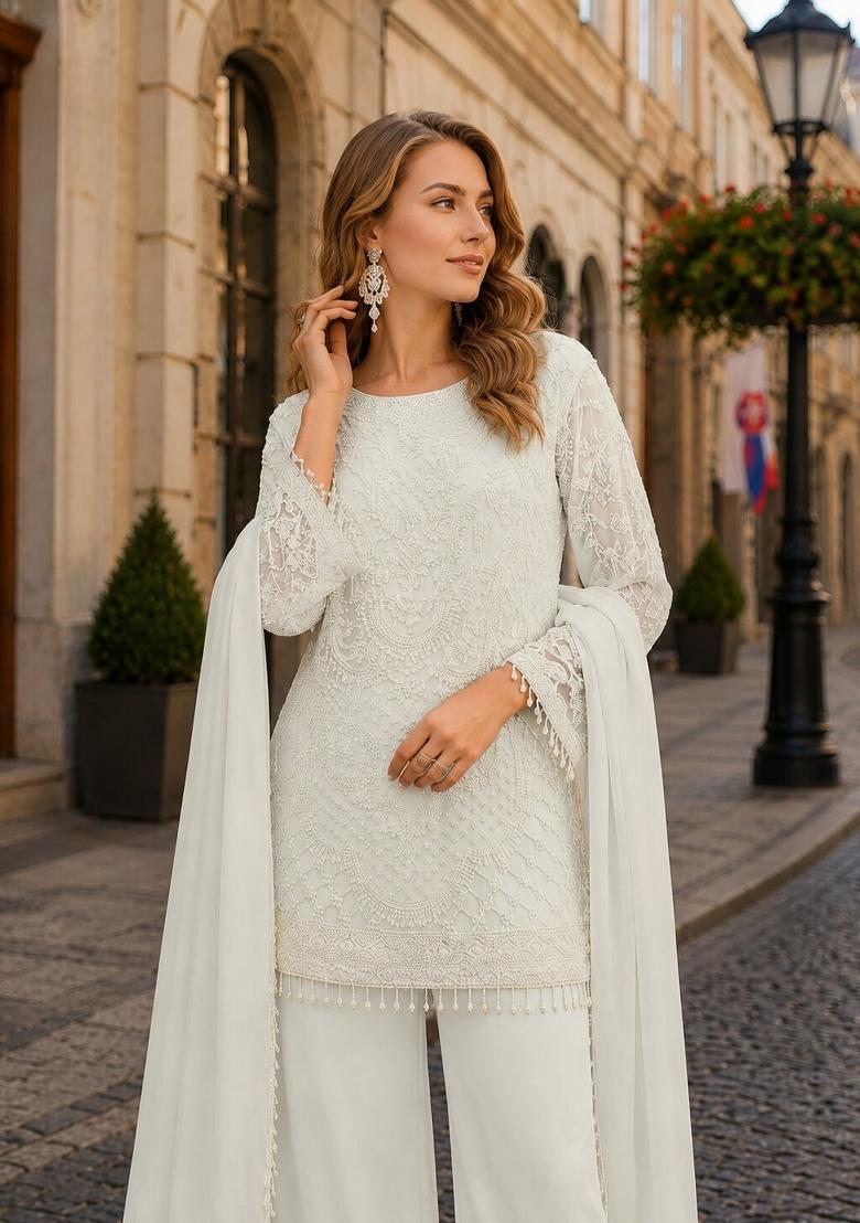 White Embroidered Georgette Kurta Set - Indya