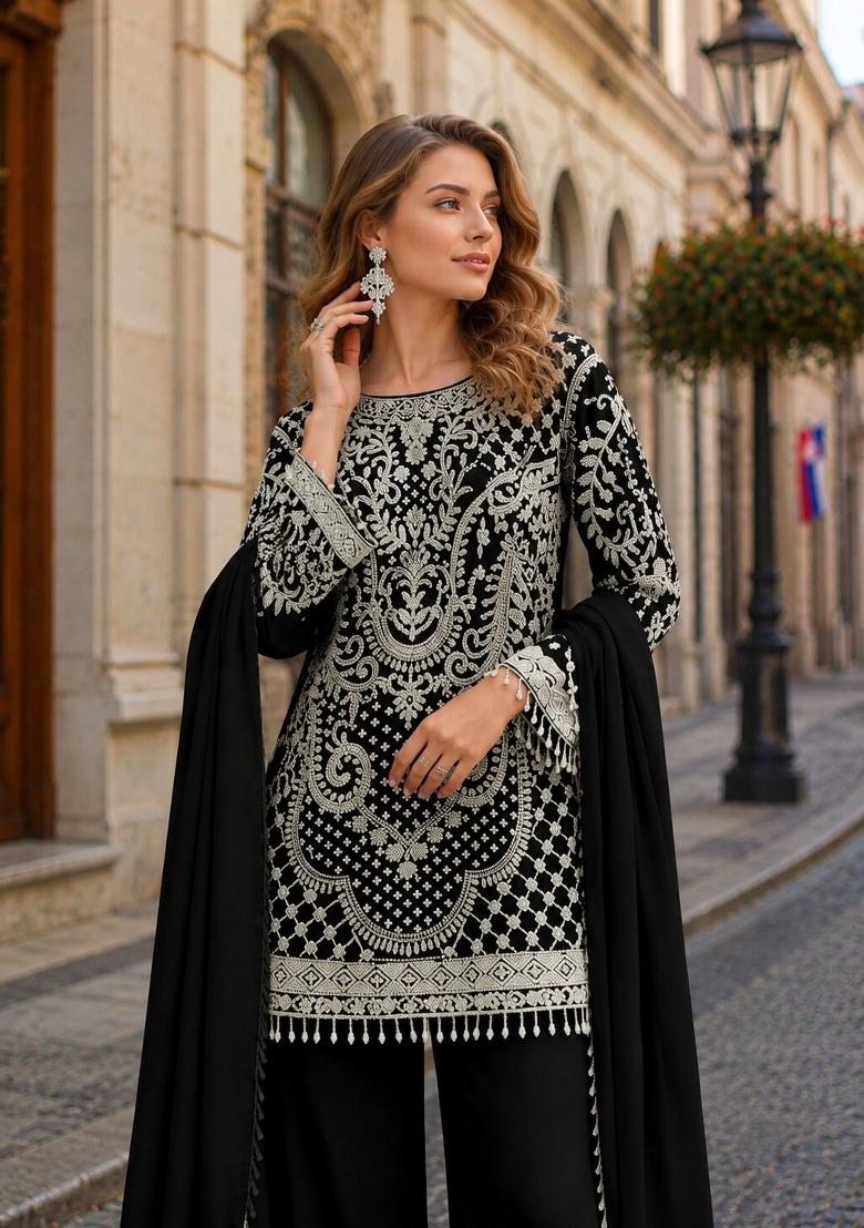 Black Embroidered Georgette Kurta Set - Indya