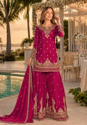 Magenta Embroidered Silk Kurta Set