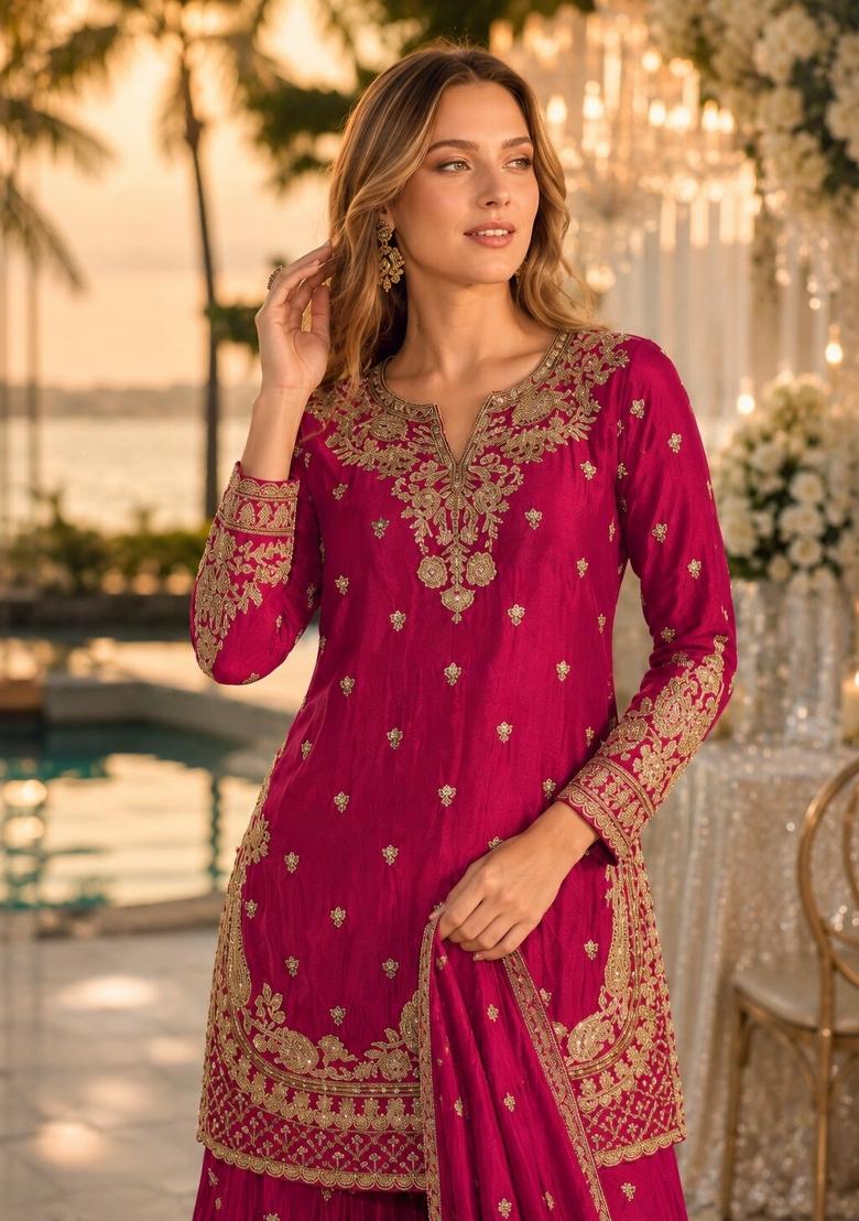 Magenta Embroidered Silk Kurta Set - Indya