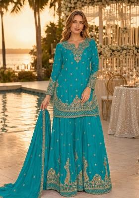 Blue Embroidered Silk Kurta Set