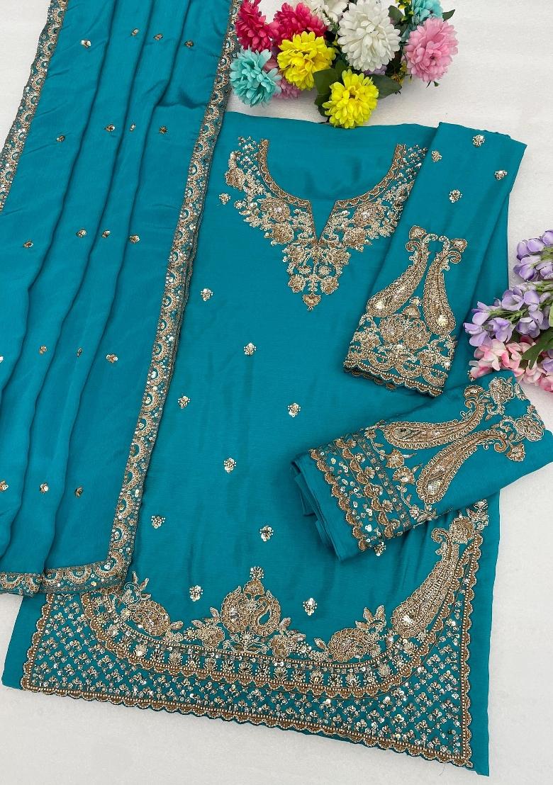 Blue Embroidered Silk Kurta Set - Indya
