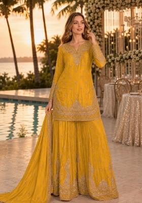 Yellow Embroidered Silk Kurta Set