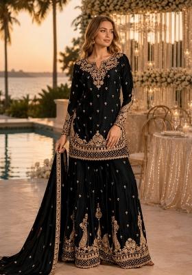 Black Embroidered Silk Kurta Set