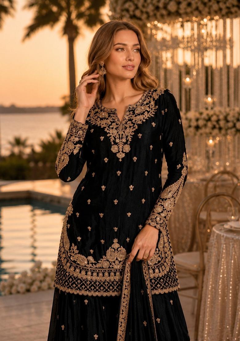 Black Embroidered Silk Kurta Set - Indya
