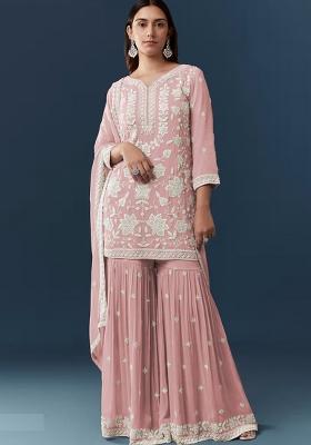 Peach Embroidered Georgette Kurta Set