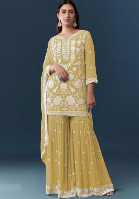 Yellow Embroidered Georgette Kurta Set