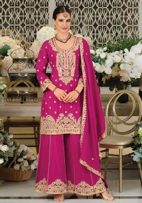 Rani Pink Embroidered Chinon Kurta Set
