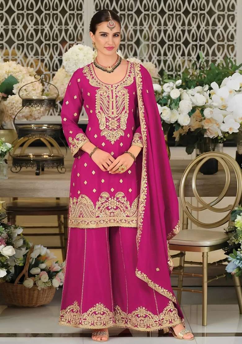 Rani Pink Embroidered Chinon Kurta Set - Indya