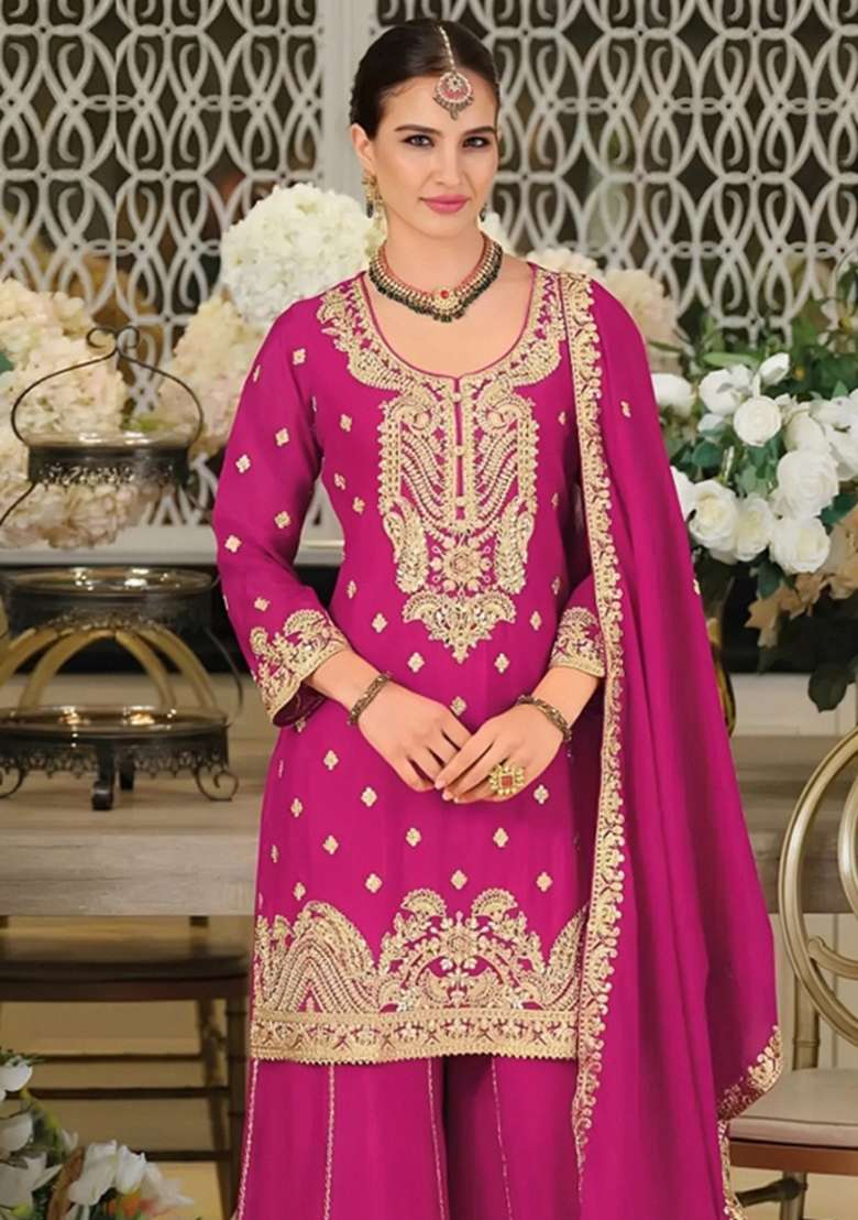 Rani Pink Embroidered Chinon Kurta Set - Indya