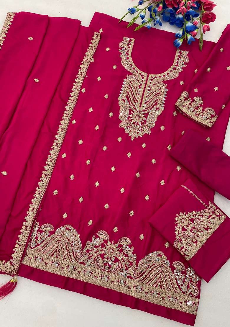 Rani Pink Embroidered Chinon Kurta Set - Indya