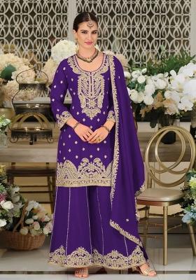 Purple Embroidered Chinon Kurta Set
