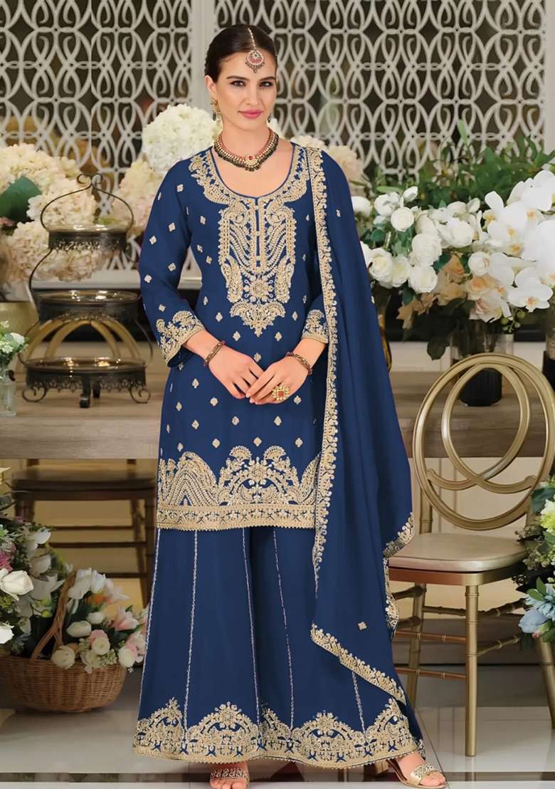 Blue Embroidered Chinon Kurta Set - Indya