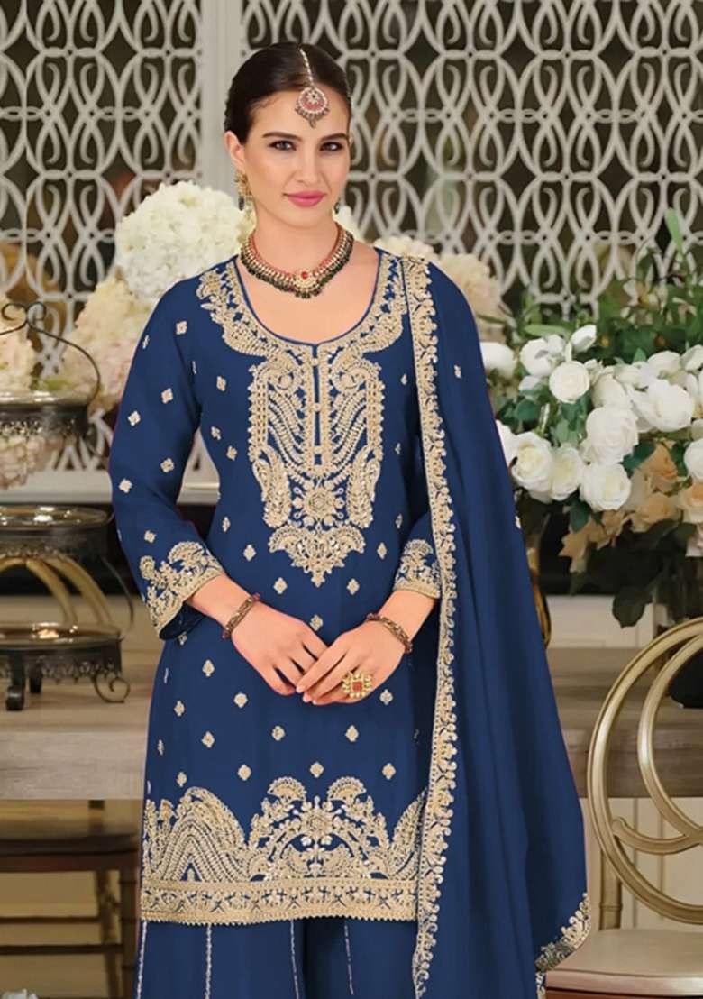 Blue Embroidered Chinon Kurta Set - Indya