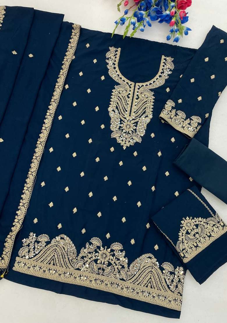 Blue Embroidered Chinon Kurta Set - Indya