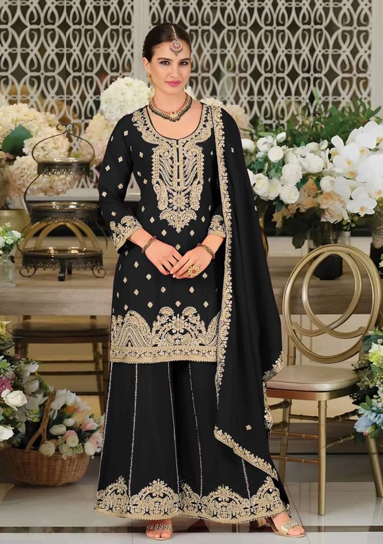 Black Embroidered Chinon Kurta Set - Indya