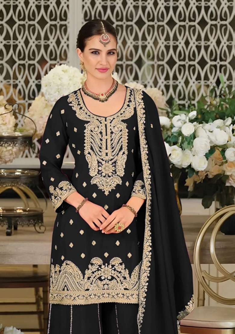 Black Embroidered Chinon Kurta Set - Indya