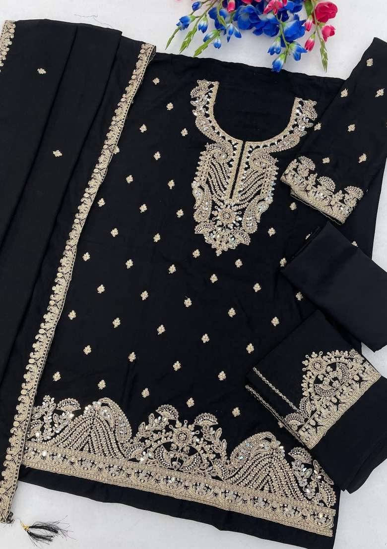 Black Embroidered Chinon Kurta Set - Indya