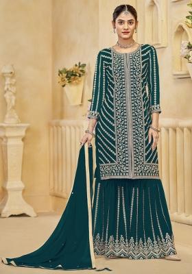 Teal Green Embroidered Georgette Kurta Set