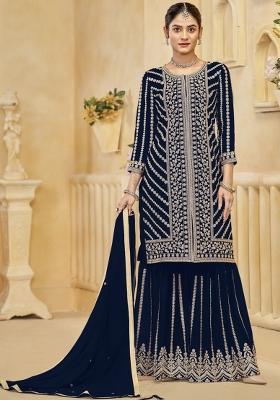 Blue Embroidered Georgette Kurta Set