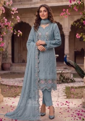 Grey Embroidered Chiffon Kurta Set