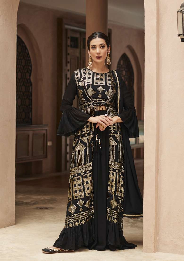 Black Embroidered Georgette Palazzo Set - Indya