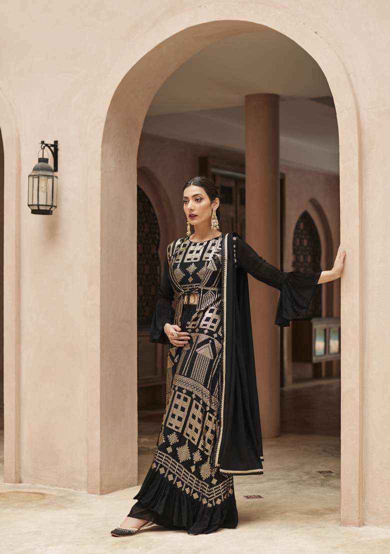 Black Embroidered Georgette Palazzo Set - Indya