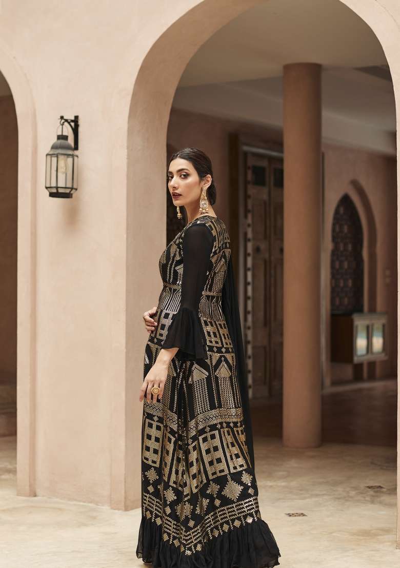 Black Embroidered Georgette Palazzo Set - Indya