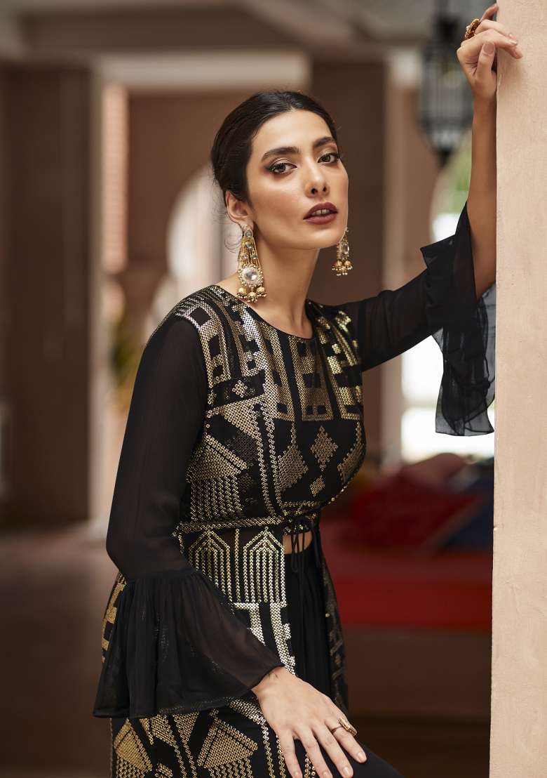 Black Embroidered Georgette Palazzo Set - Indya