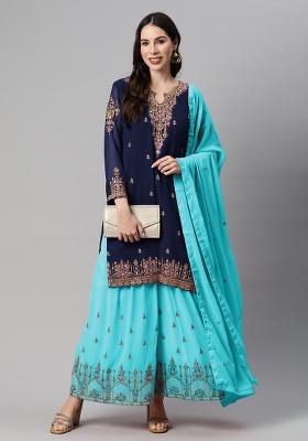 Blue Embroidered Georgette Sharara Set
