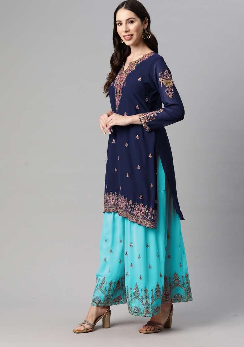 Blue Embroidered Georgette Sharara Set - Indya