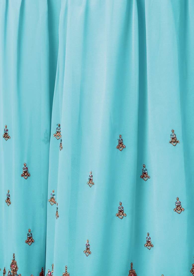 Blue Embroidered Georgette Sharara Set - Indya