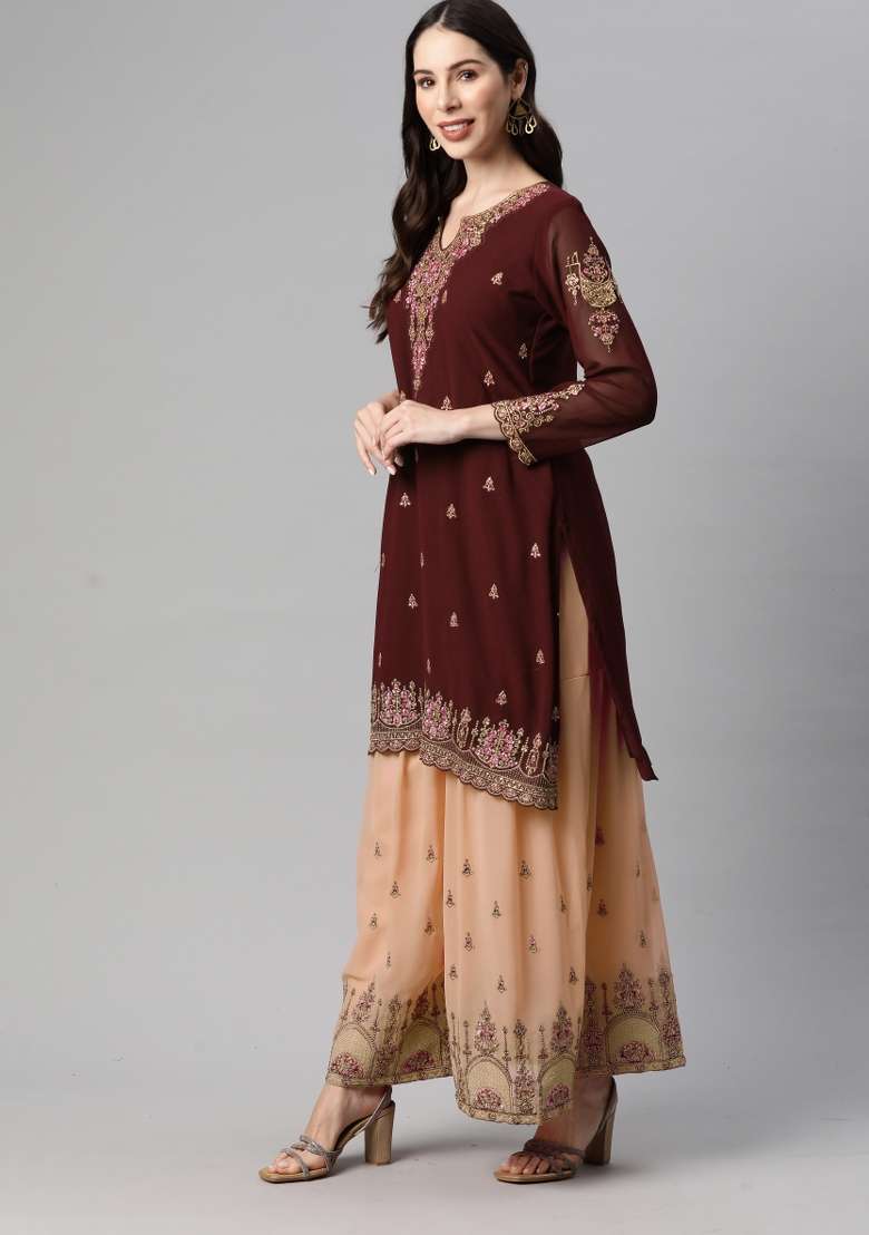 Brown Embroidered Georgette Sharara Set - Indya
